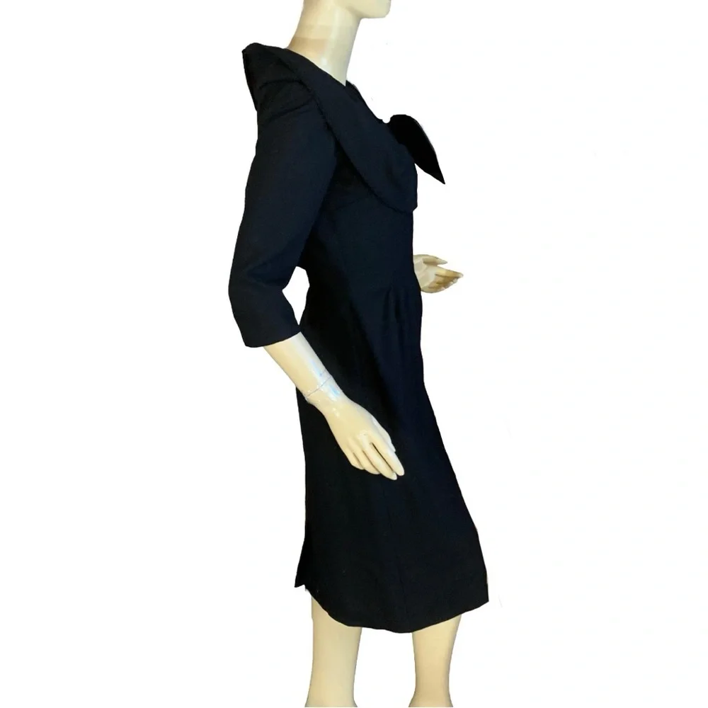 VINTAGE 1960'S CAROL CRAIG BLACK WOOL COCKTAIL WIGGLE DRESS (S) - Picture 5 of 14